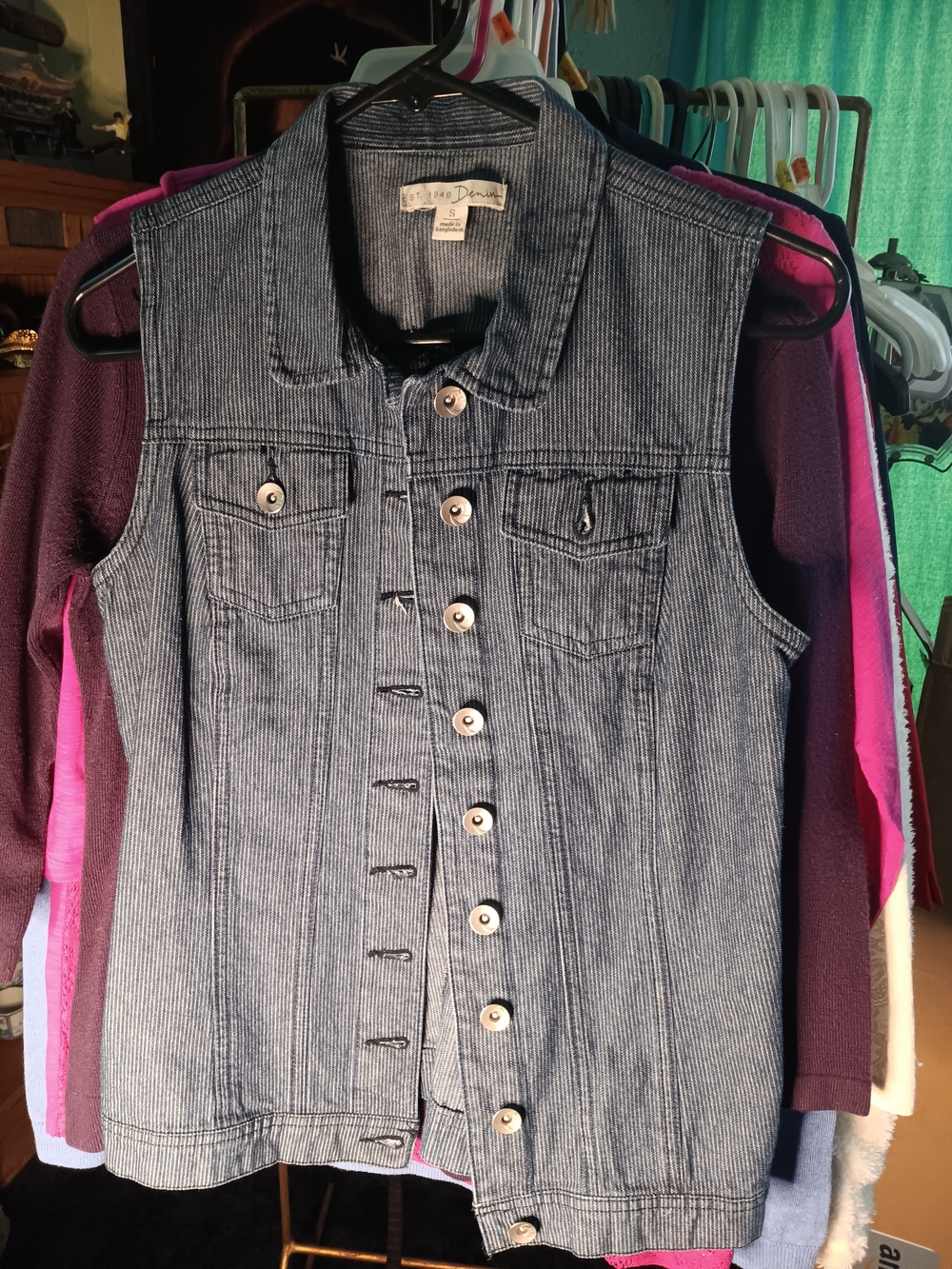 Sleeveless Striped Denim Vest Jacket - Blue